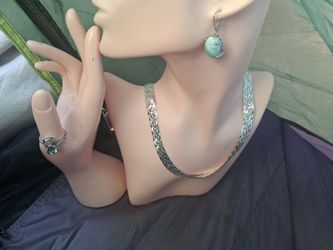 925 Silver Statement Set: Woven Chain Necklace, Larimar Earrings & Crystal Cat Ring