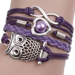 Purple Owl And Infinity Charm Leather Style Bracelet 