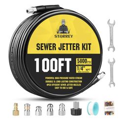 Pressure Washer Drain Jetter – Sewer Jetter Kit for Pressure Washer 100ft 1/4 Inch NPT Hose Nozzles 