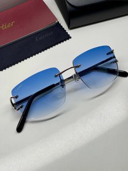Silver Cartier Big C Sunglasses Blue Lenses Buffalo Horn Glasses
