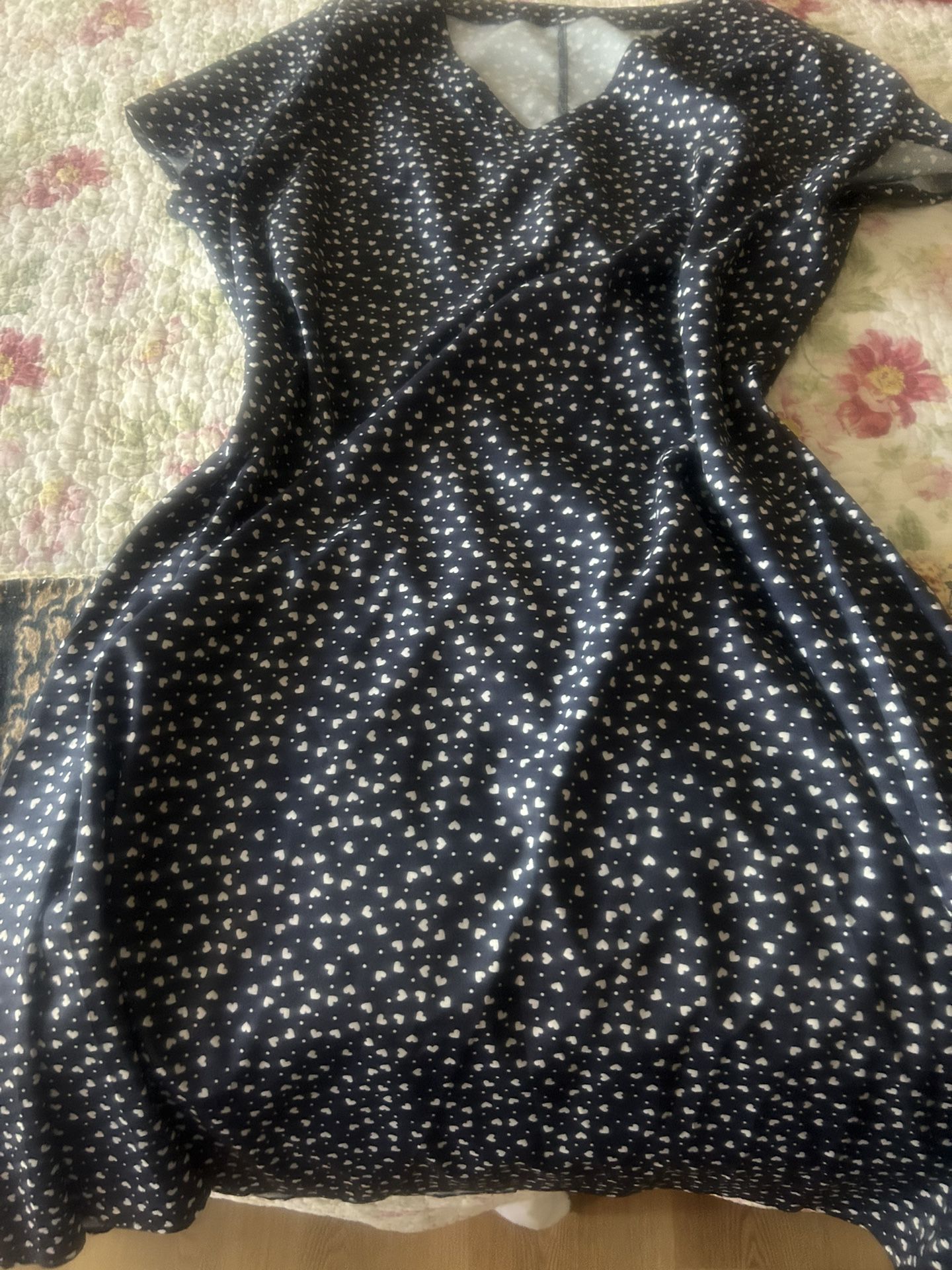 XL Navy Blue Dress With White Hearts - New