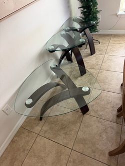 Glass Top End Tables with Wood Base Set of 3