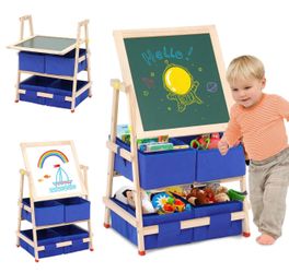 Art Easle for Kids 2 in 1 Children Easel with 4 Large Toy Storage Box Magnetic Whiteboard, Chalkboard,Kids Easel for Children Toddlers Educational Gif
