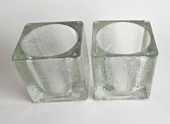 Vintage Textured Glass Square Votive Candle Holders - Pair