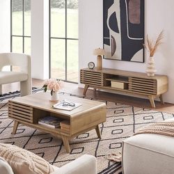 mopio Mid Century Mordern 59" TV Stand and Coffee Table Bundle Set Entertainment Center with Storage with Storage Coffee Table (Oak)  Dimension of TV 