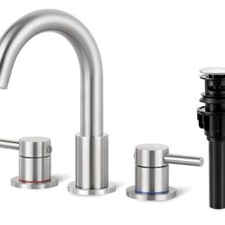 Bathroom Faucet 3 Hole, Brushed Nickel Bathroom Sink Faucet with Pop Up Drain, 8 inch Widespread Bathroom Faucet with 360° Swivel Spout, 2 Handle Vani