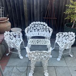  VTG Victorian Cast Iron & Aluminum Grape Leaf Vine Garden Bench, Table & 3 Chairs 