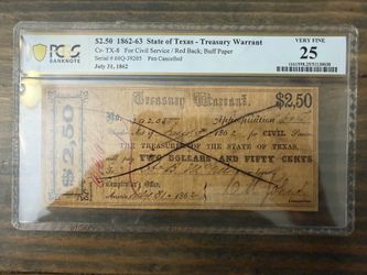 1862 State of Texas $2.50 Treasury Warrant – PCGS VF25 – Criswell TX-8 – Civil War Era