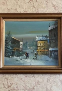 Framed Oil Painting Winter City Street Scene