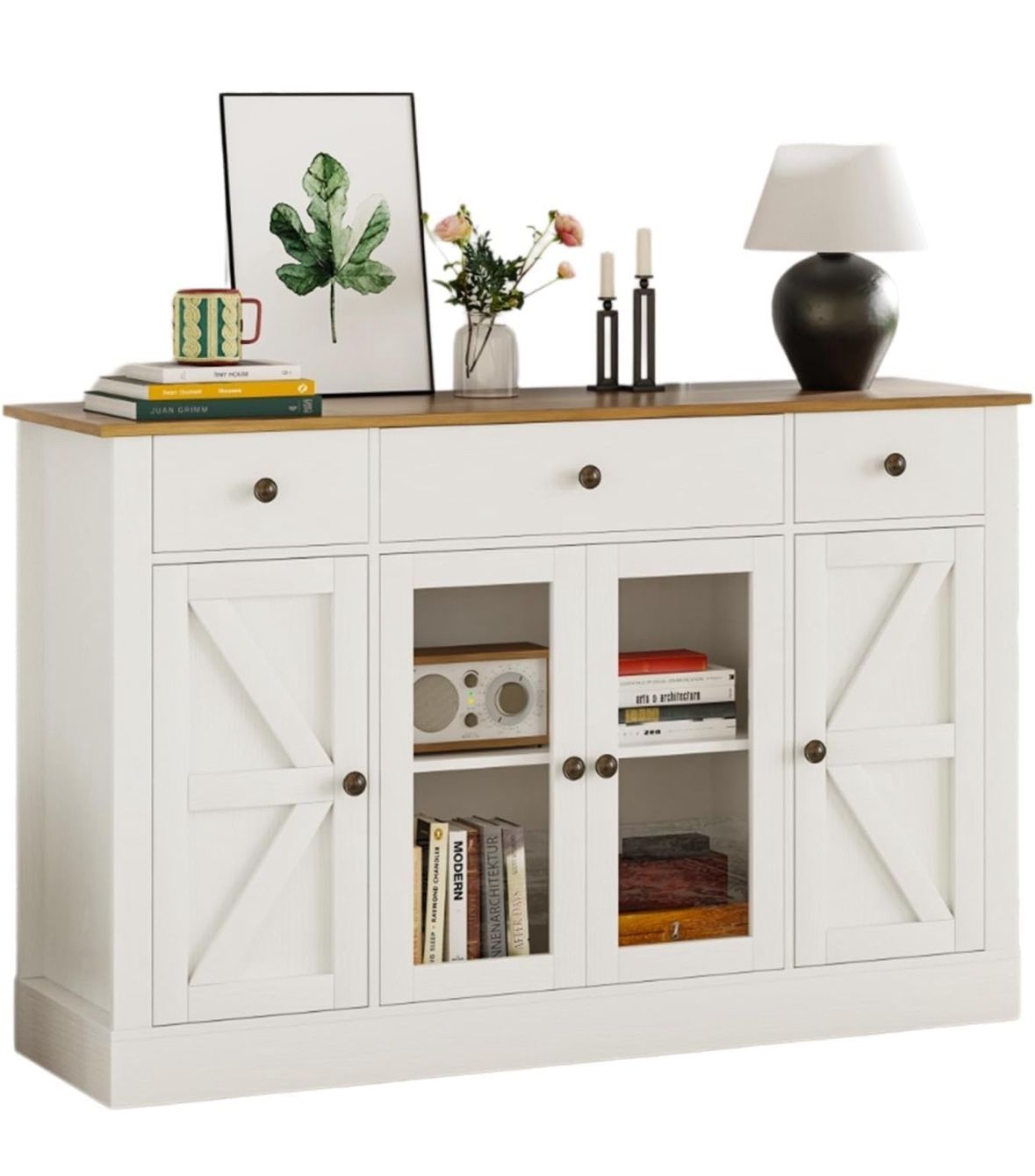 55" Buffet Cabinet with Storage, Farmhouse Coffee Bar Cabinet with Glass Doors and Drawers