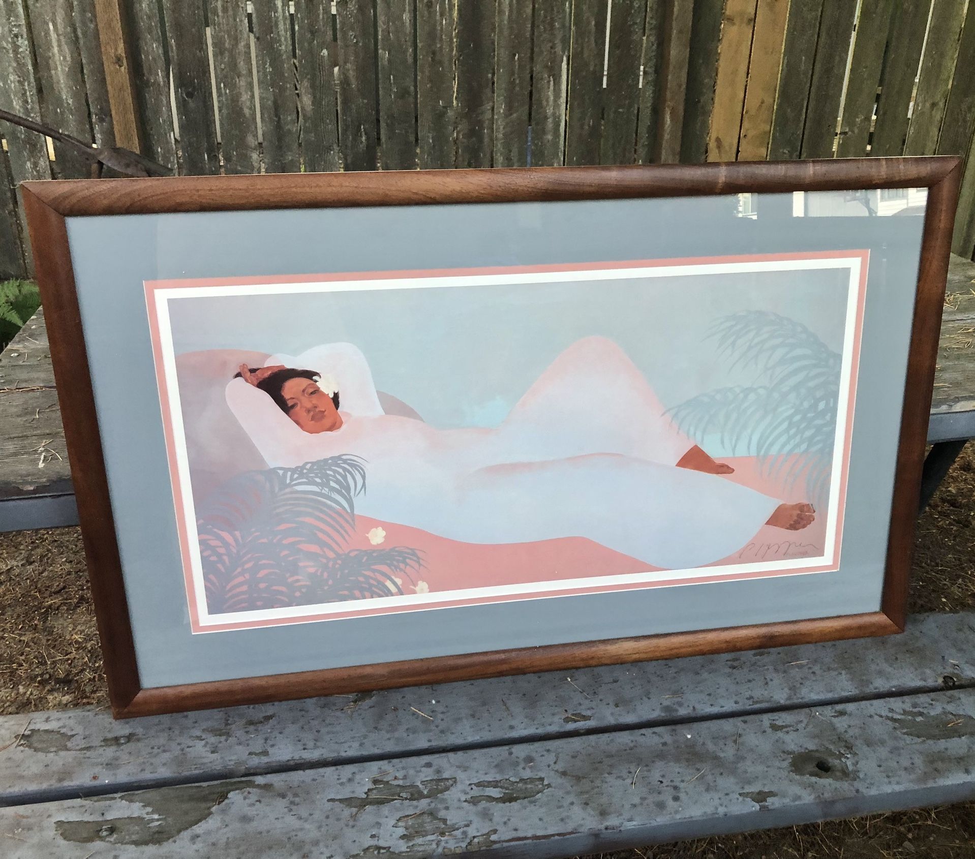 Hawaiian Woman Signed Print by Pegge Hopper, Koa Wood Frame