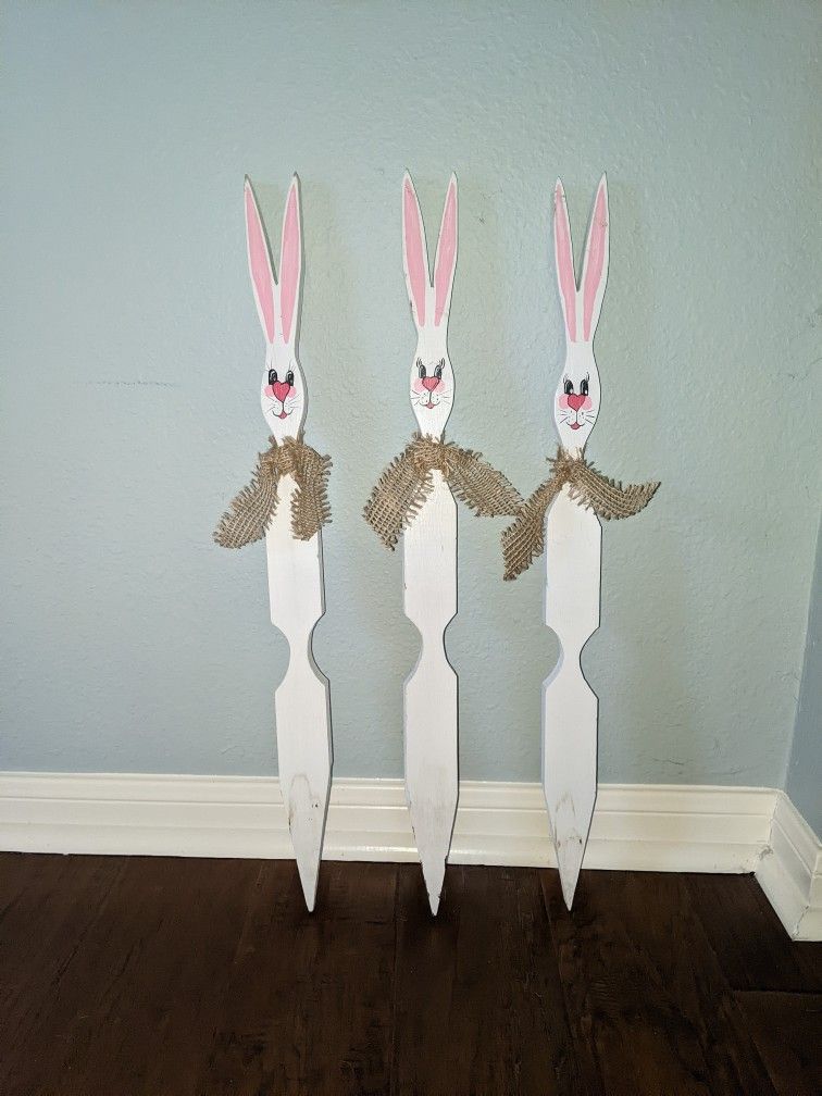 Yard Bunny Stakes! Set Of 3. Easter Decorations, Wood With New Jute Ties. Priced As Set..