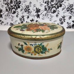 Vintage Meister Oval Metal Tin Victorian Style Flowers Leaves Gold Trim Brazil