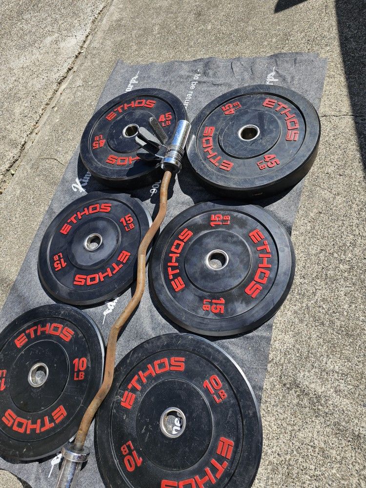 Bumper Plates And Curl Bar 