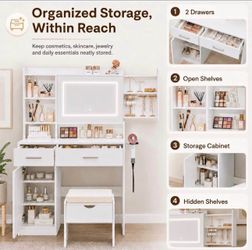 Vanity Desk with Mirror and Lights, Makeup Vanity Table with Stool, Power Outlet, USB Ports, Hair Dryer Holder, 2 Drawers, Hidden Shelves and Cabinet,