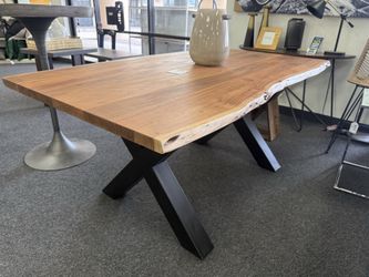 Solid acacia wood table with steel base