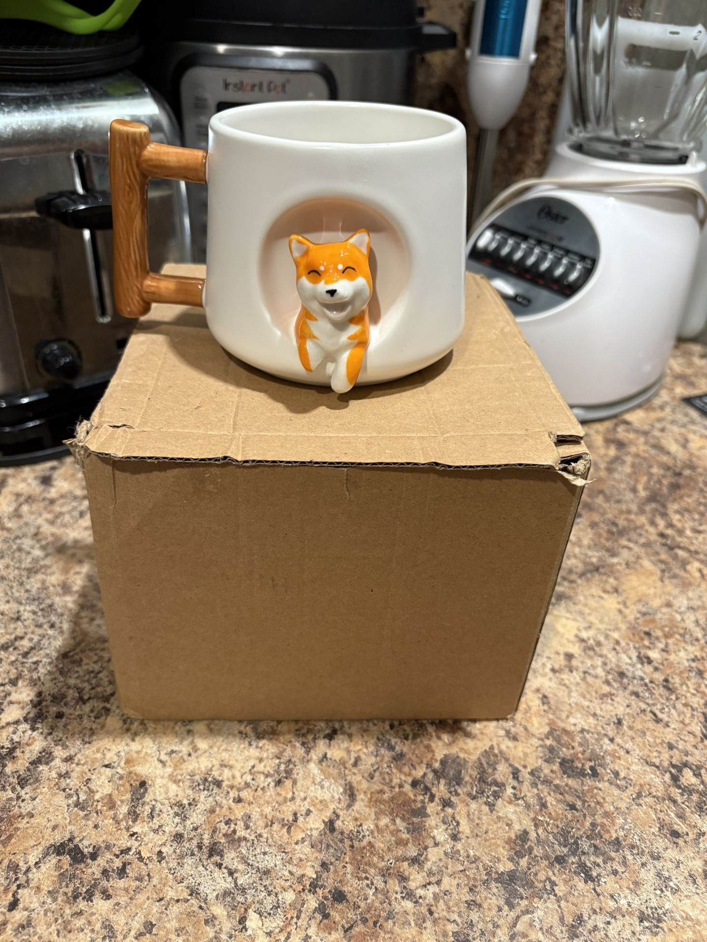Cute Shiba Inu (dog) Ceramic Mug, Three-dimensional with Matte Texture and wooden handle like design