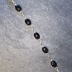 Vintage Egyptian Sterling Silver (925) Carved Black Onyx Scarab Bracelet 9”