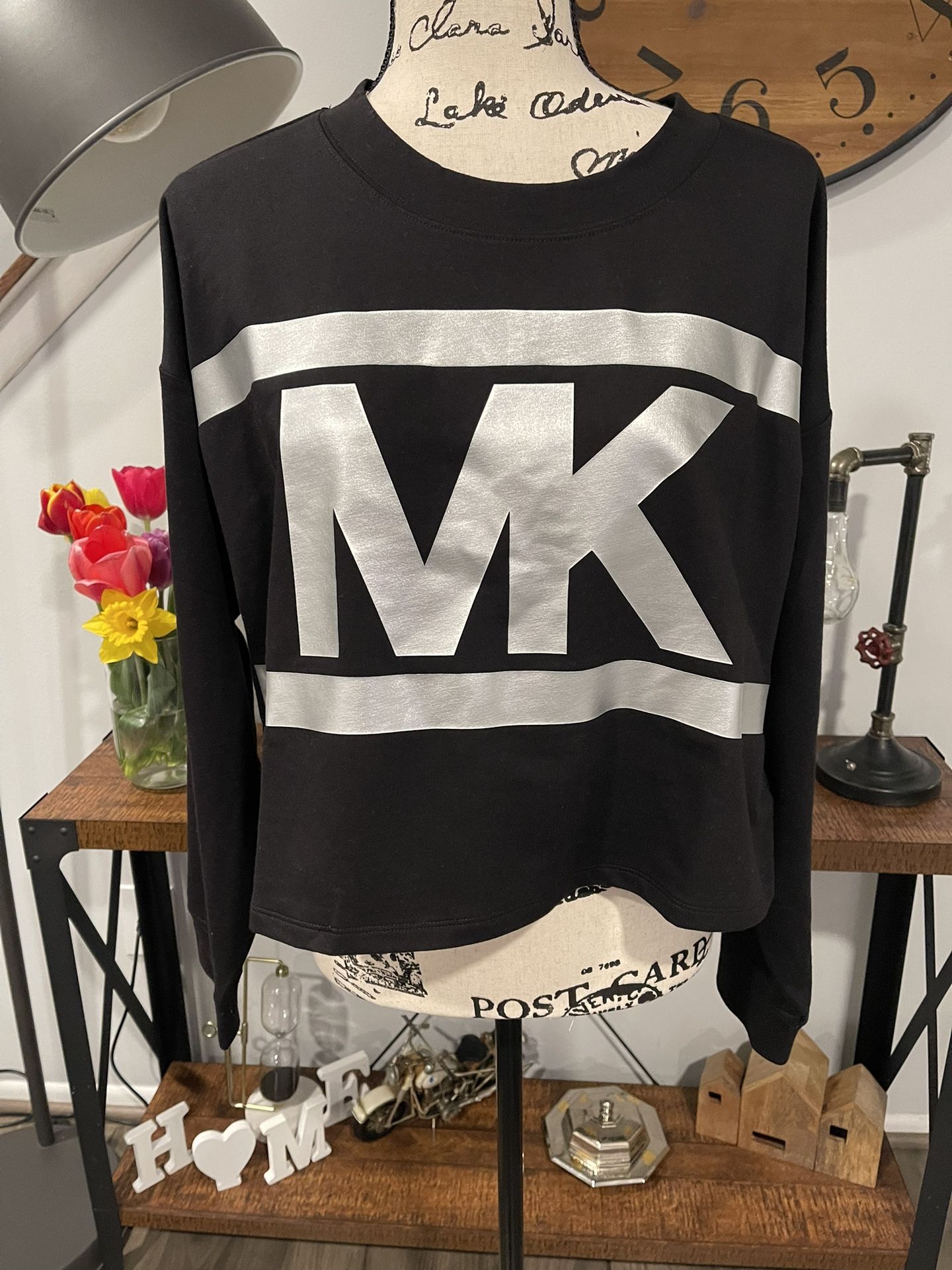 MICHAEL MICHAEL KORS Womens Gray Metallic Logo Graphic Sweatshirt L