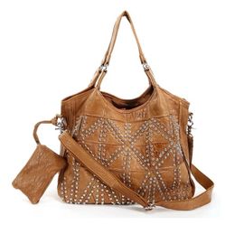 Ameri Womens Leather Studded Patchwork Double Handle Zipper Tote Bag Purse Hobo