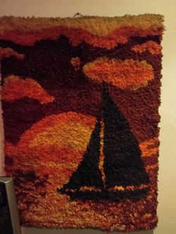 Vintage Latch Hook Rug Wall Hanging Sailboat
