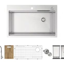 All in one drop in kitchen sink with waterfall 33x22