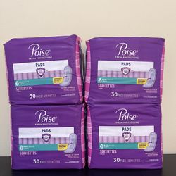 4pack Poise Incontinence Pads for Women, 3 Drop Light Absorbency, Regular Length, 30 Count
