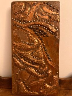 Vintage MCM Brutalist Copper Nail Art Wall Sculpture Plaque Wood Panel 18x9