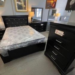 Amalia Black Upholstered Panel Bedroom Set, Bed,nighstand,chest,dresser,mirror,