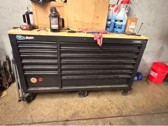 Husky Toolbox 62 in. W Heavy Duty Matte Black with Adjustable Height Wood Top