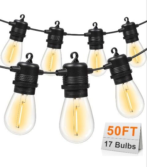 50FT LED Outdoor String Lights with 17 Shatterproof Waterproof S14 Replaceable Bulbs(2 Spare), 2700K Commercial Grade Patio Lights, Outside Hanging Li