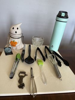 Kitchen utensils, dry food ceramic jar, & metal tumbler.