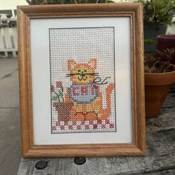 Framed Cross Stitched Cat Picture