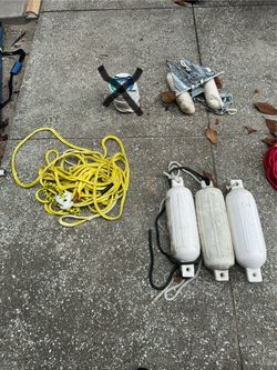 Misc boat items rope/anchor, buoys, tow rope