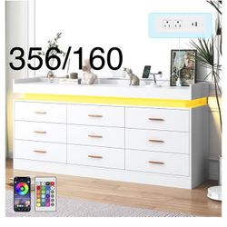 9 Drawer Dresser with LED Light and Charging Station, Modern Chest of Drawers for Closet, Wide Drawer Organizer Cabinet for Bedroom, Living Room, Entr