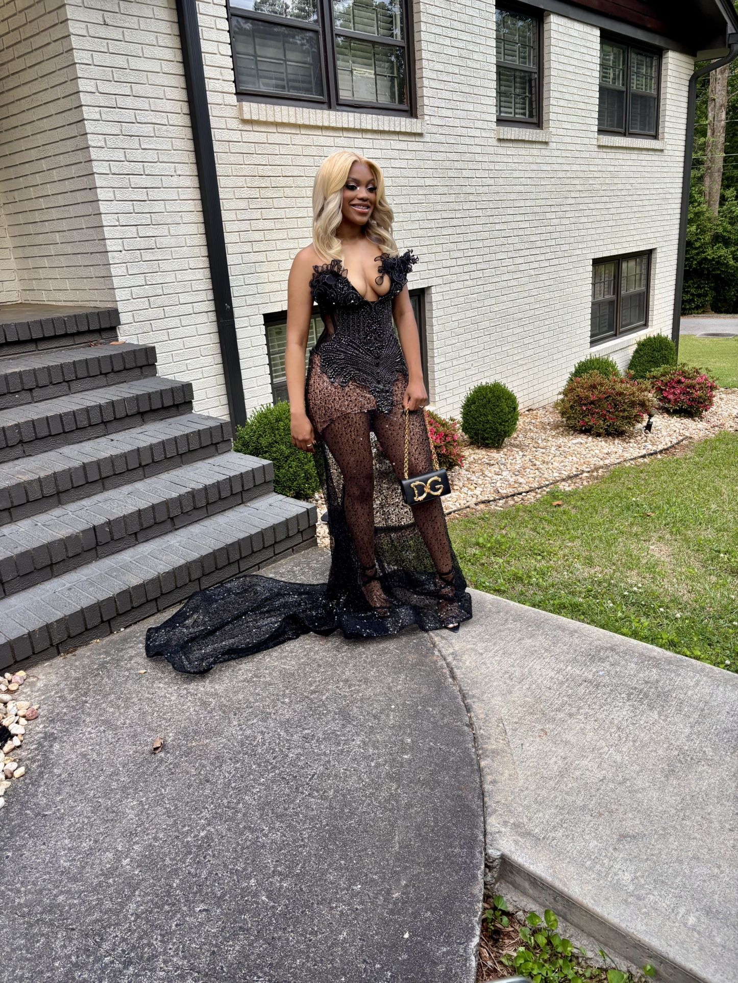 Black Beaded Gown w/ Corset Top and Train