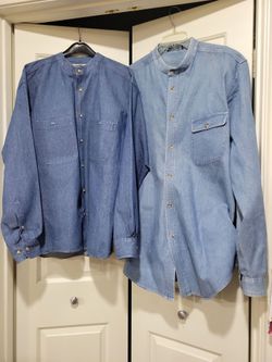 2 vintage mens collarless button down denim shirt