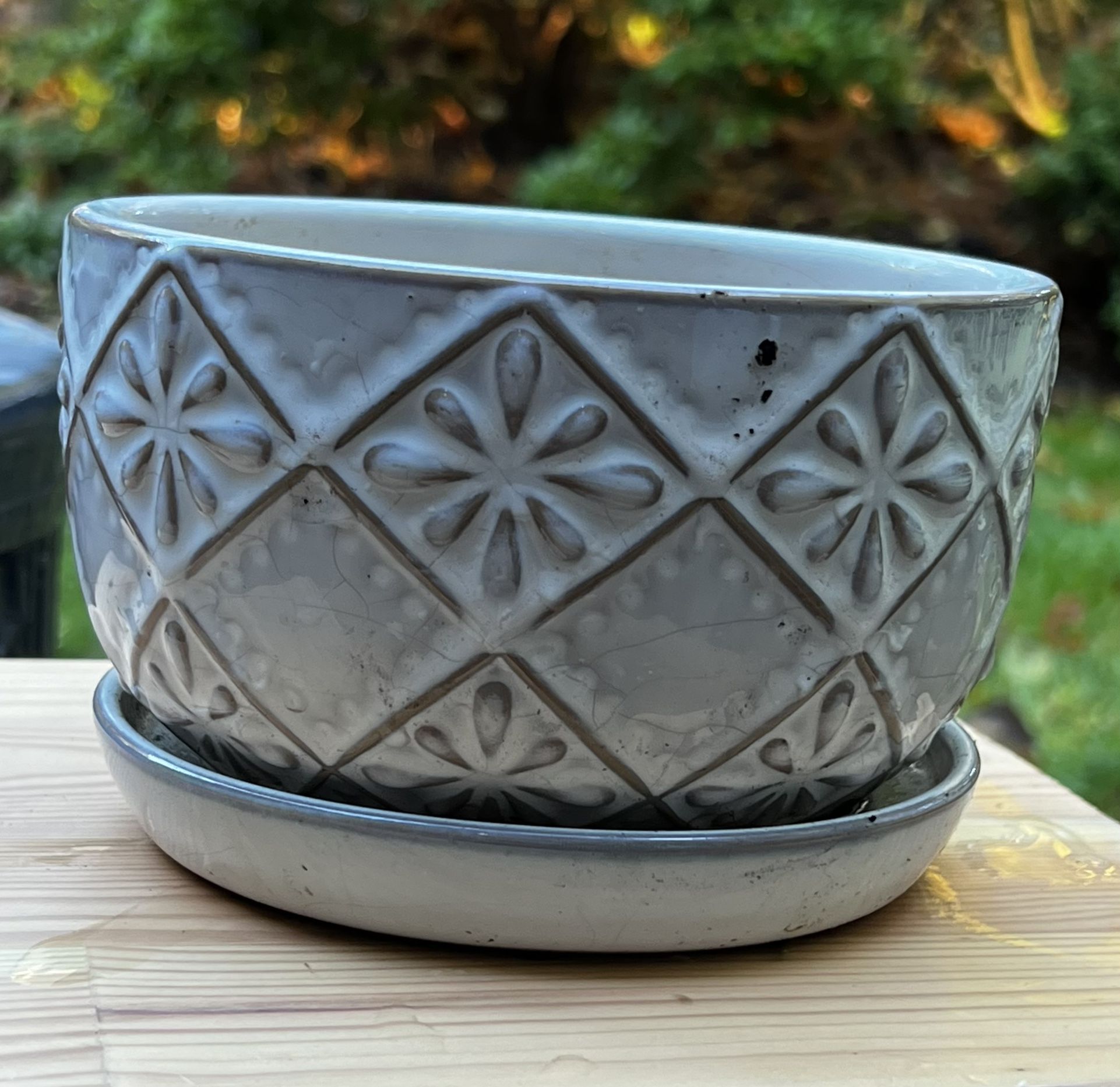 White Floral Ceramic Planter Flower Pot Indoor Outdoor With Drainage Hole