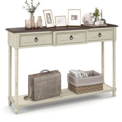 52 Inch Farmhouse Console Table with 3 Drawers and Open Storage Shelf for Hallway