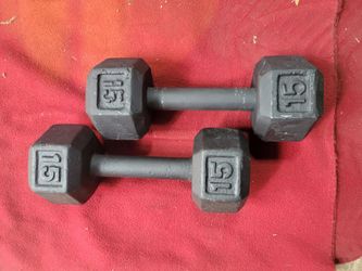 SET OF  15s. DUMBBELLS  TOTAL 30LBs
11525 S HALSTED DUNKIN DONUTS 
25$  CASH ONLY AS IS