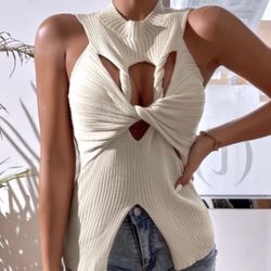 NWT, Lavishly Paris Cut Out Twisted Front Slit Hem Sweater.