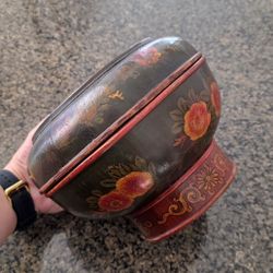 Large Chinese Antique Lacquered finish Basket lidded box decorated floral motifs Wood
