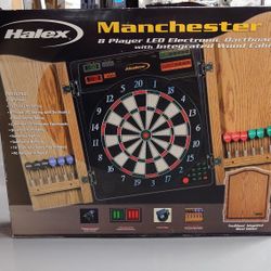 Halex Manchester Electronic LED Dart Board Wooden Cabinet 