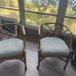 Pair Of Vintage Henry Link Bamboo & Rattan Chinese Chippendale chairs. 
