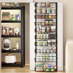 Over the Door Pantry Organizer, 10-Tier Adjustable Baskets Pantry Organization, Metal Door Shelf with Detachable Frame, Space Saving Hanging Spice Rac