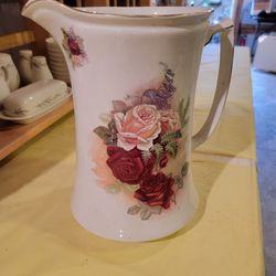 Vintage Gold Rimmed Ceramic Pitcher With Painted Roses