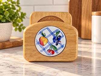 Vintage Corning Ware Wooden Coaster Set with Holder Fruit Desig