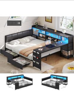 Full Bed Frame, Corner Bed Frame with 4 Drawers, 6 Bookcase, Side Storage Bag, Upholstered Headboard, LED Lights, Charging Station, Black
