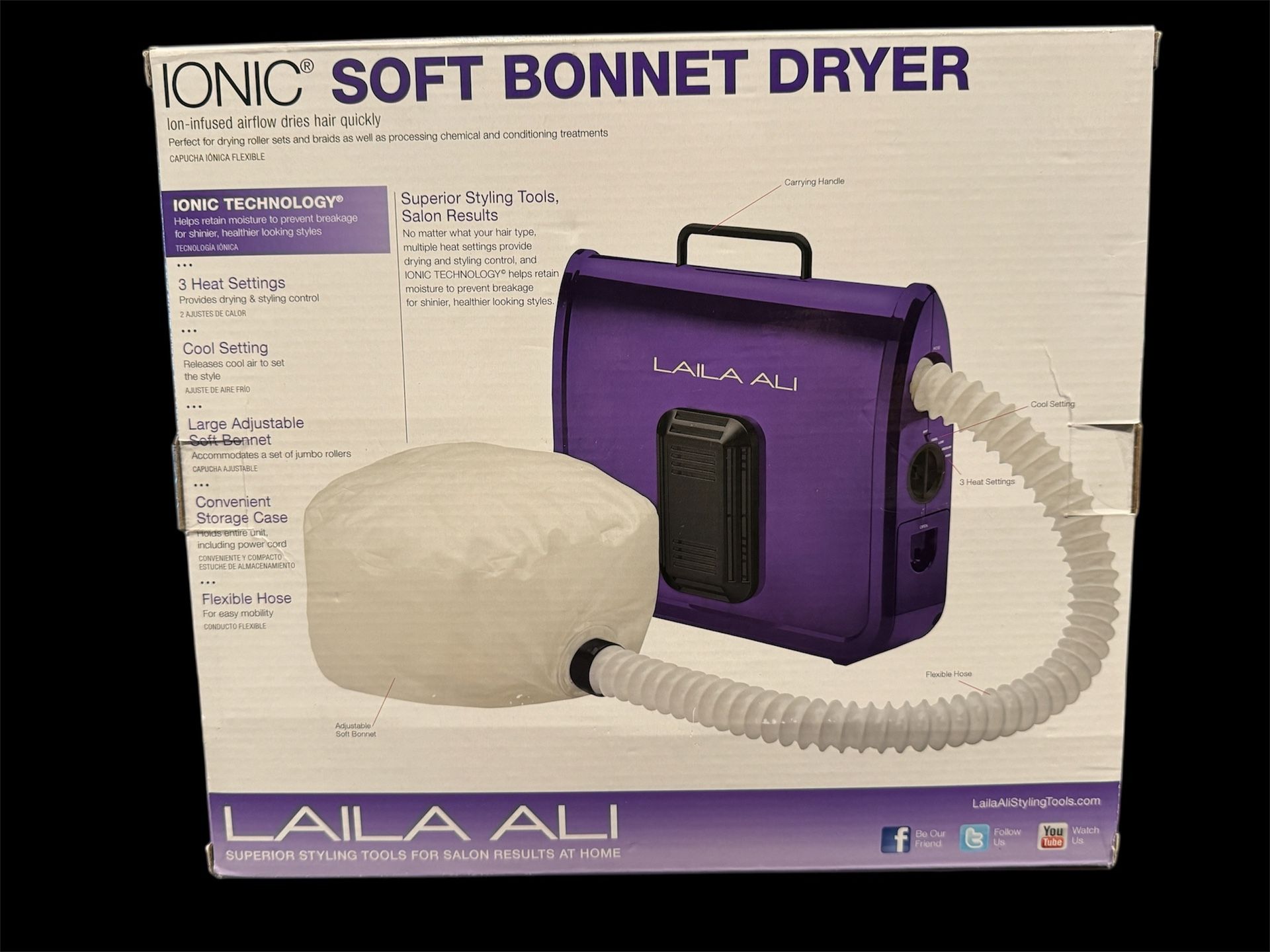 Laila Ali Ionic Soft Bonnet Hair Dryer 3 Heat 1 Cooling Settings Portable Case
