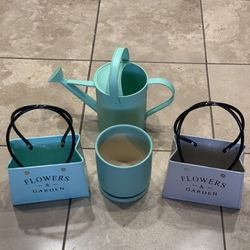 Tiffany Blue & Tan  Garden Decor / (2) Metal Baskets (1) Pot (1) Metal Water Can 